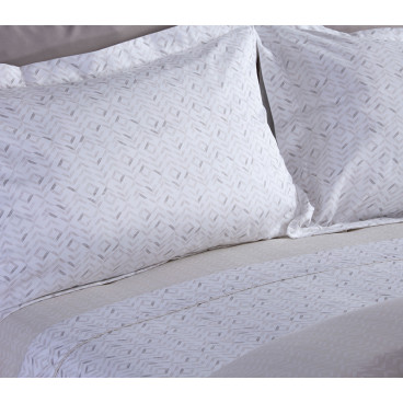 COTTON BED SHEET ''LENNOX'' SET QUEEN WHITE/BEIGE